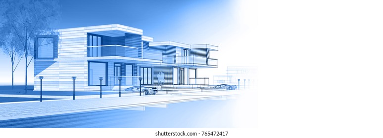 townhouse with bay windows, 3d illustration