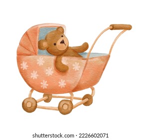 Toy baby stroller   teddy bear isolated white  Watercolor hand drawn illustration