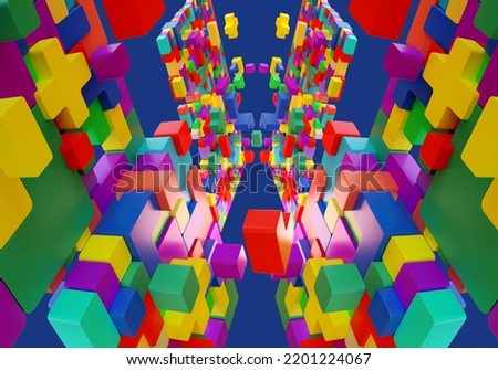 Toy bricks. Logic video game. Multicolored Toy bricks are flying up. Background for childrens video game. Isometric Toy bricks for construction. Pixel blocks. Video game colorful scenery. 3d image.