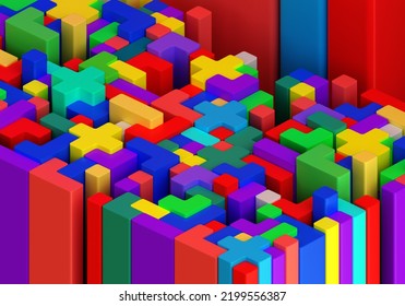 Toy Bricks. Multicolored Mosaic. Colorful Background From Childrens Mosaic. Toy Bricks To Biometric Shape. Multicolored Childrens Designer. Toy Bricks Texture. Kids Scenery. 3d Rendering.