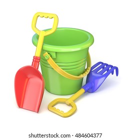 Toy Bucket, Rake And Spade. 3D Render Illustration Isolated On White Background