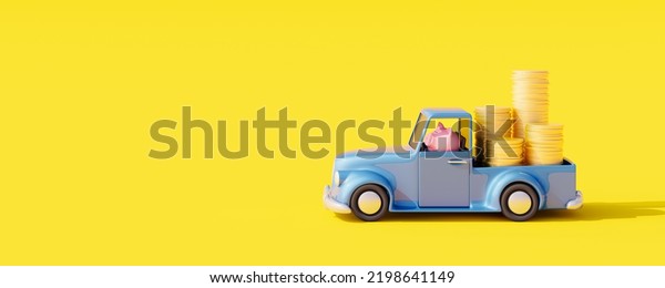 Toy car with\
piggy bank brings money. Financial assistance concept on yellow\
background 3D Render 3D\
Illustration