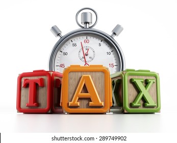 Toy cubes with the word TAX and chronometer isolated on white background.
