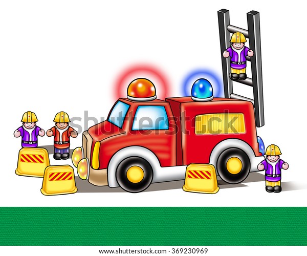 Toy\
Fire car with firefighters on white background. Digital\
illustration. Red fire car and four toy fire\
mans.