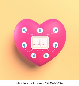 Toy Heart With Holter And Sensors On A Light Yellow Background. Electro Cardiogram. 3d Rendering