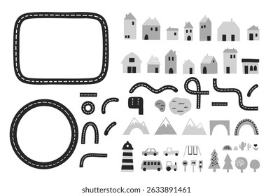 toy map creator with modular roads, buildings, vehicles, signs and natural elements in flat black and gray style on white background, concept of kids construction, creative play, preschool learning