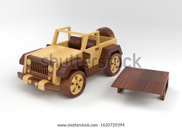 toy model wooden car all-wheel drive 3D rendering\
white background\
isolate