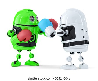 Toy Robots Fighting. Technology Concept. Isolated Over White. Contains Clipping Path