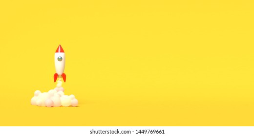 Toy rocket takes off from the books spewing smoke on a yellow background. Symbol of desire for education and knowledge. School illustration. 3D rendering.