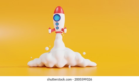 Toy rocket takes spewing smoke on a yellow background. The symbol for success is Start-up education and knowledge. 3D illustration