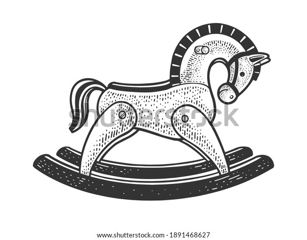 toy rocking horse sketch engraving raster\
illustration. T-shirt apparel print design. Scratch board\
imitation. Black and white hand drawn\
image.