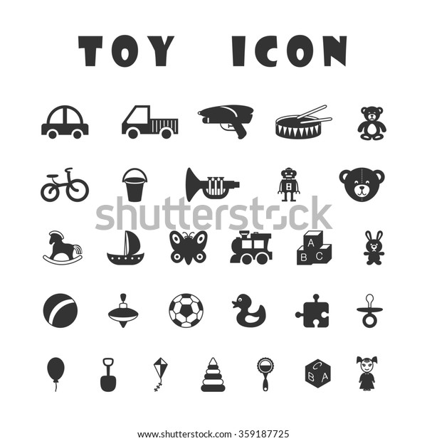 Toys icon collection.  Black icons isolated on\
white background