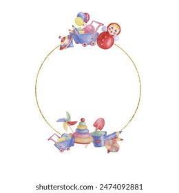 Toys round frame template, doll with pinwheel, humming top, balloons, blue cart and pencils. Watercolor play objects for birthday, gender reveal, baptism, birth announcement cards, playdate invitation - Powered by Shutterstock