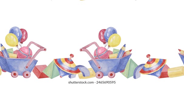 Toys seamless border, blocks, humming top, balloons, blue cart and pencils ribbon clipart. Watercolor play objects wallpaper for nursery decor, fabric, baby shower, girl toddler room, cards - Powered by Shutterstock