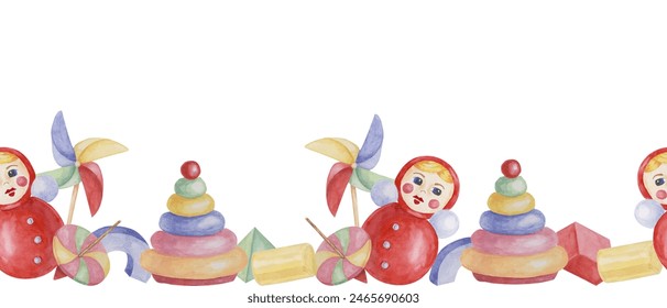 Toys seamless border, doll with pinwheel, colorful blocks and stacking ring tower ribbon clipart. Watercolor play objects wallpaper for nursery decor, fabric, baby shower, girl toddler room, cards - Powered by Shutterstock