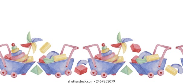 Toys seamless border, rings pyramid with pinwheel, wheelbarrow cart ribbon clipart. Watercolor play objects wallpaper for nursery decor, fabric, baby shower, girl toddler room, cards - Powered by Shutterstock