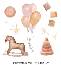 Toys Watercolor Set. Hand Drawn Baby Items: Rocking Horse, Stars, Ball, Cubes, Air Balloons. Childhood Clipart