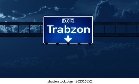 Trabzon Turkey Highway Road Sign At Night