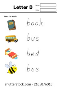 Trace the words and alphabet b for book bus bed bee book publishing for kindergarten play school kids activity worksheet easy   simple learning for toddlers