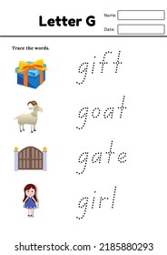 Trace the words and alphabet book publishing for kindergarten play school kids activity worksheet g for girl gate gift goat  easy   simple learning for toddlers