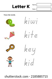 Trace the words and alphabet book publishing for kindergarten play school kids activity worksheet k for kiwi kite key kid printable easy   simple learning for toddlers