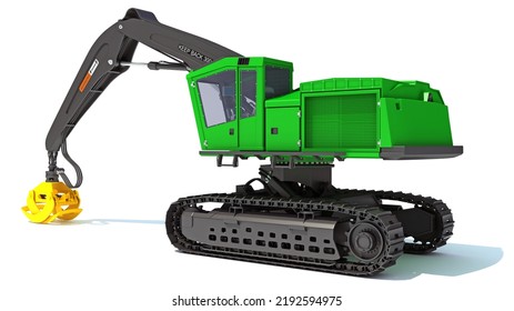 Tracked Forestry Harvester 3D Rendering On White Background