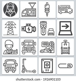 Traction Icons Set ? Simple Set Of 16  Includes Electric, School Bus, Grip, Laptop, Engine, Scooter, Charging, Search Engine, Electric Tower, Death Penalty, Bus Symbols