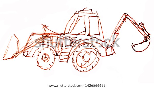 Tractor. Abstract drawing made by\
markers. Grunge style. Children\'s drawing by hand.\
Isolated