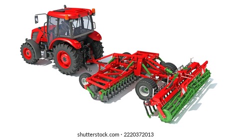 Tractor With Disc Harrow Farm Equipment 3D Rendering On White Background