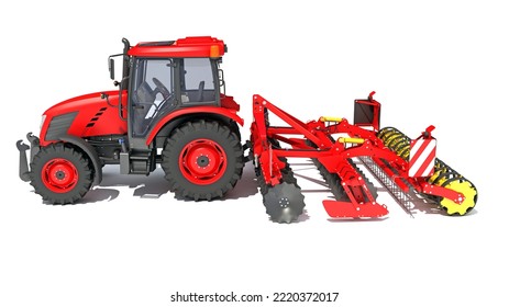 Tractor With Disc Harrow Farm Equipment 3D Rendering On White Background