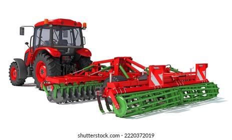 Tractor With Disc Harrow Farm Equipment 3D Rendering On White Background