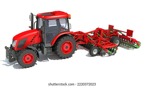 Tractor With Disc Harrow Farm Equipment 3D Rendering On White Background