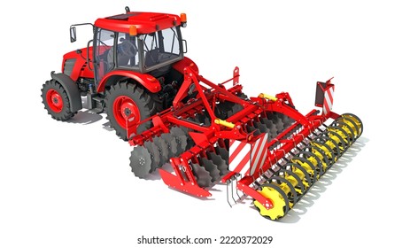 Tractor With Disc Harrow Farm Equipment 3D Rendering On White Background