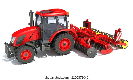 Tractor With Disc Harrow Farm Equipment 3D Rendering On White Background