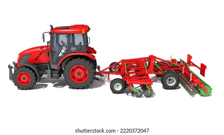 Tractor With Disc Harrow Farm Equipment 3D Rendering On White Background