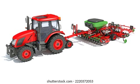 Tractor With Disc Harrow Farm Equipment 3D Rendering On White Background