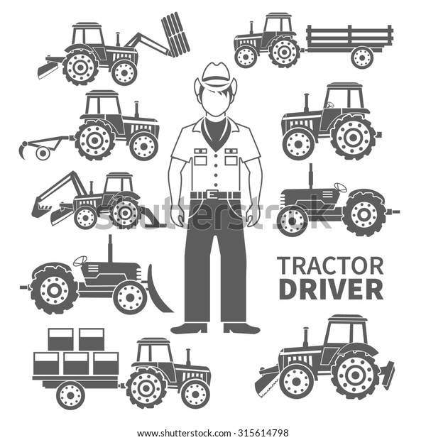 Tractor driver and farm machines decorative\
icons black set isolated \
illustration