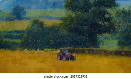 Tractor in an English agriculture field digital brush and ink oil painting for canvas prints