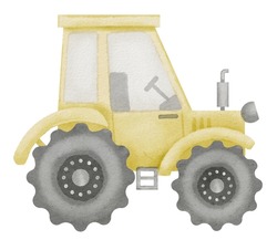 Tractor Watercolor Illustration. Hand Drawn Clip Art Of Baby Toy Yellow Truck On Isolated Background. Drawing Of An Agrimotor Car For A Boys Game. Sketch Of Machines For Construction And Farm.
