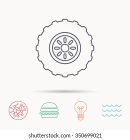 Tractor Wheel Icon. Tire Service Sign. Global Connect Network, Ocean Wave And Burger Icons. Lightbulb Lamp Symbol.