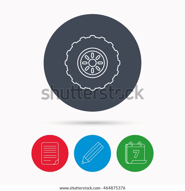 Tractor wheel icon. Tire service
sign. Calendar, pencil or edit and document file signs.
