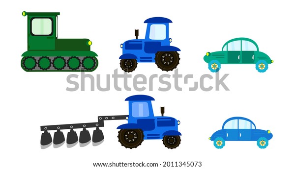 Tractors, cars of different colors and shapes on
a white background for printing, design, decoration of children's
products