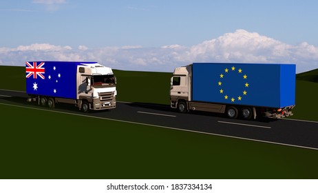 Trade Between Australia And EU. Free Trade Agreement. FTA. 3d-illustration