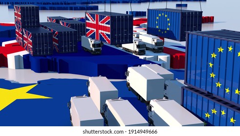 
TRADE BETWEEN england and eu. Trucks and containers face each other