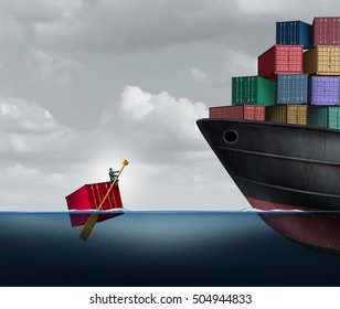 Trade Deficit Business Concept As A Freight Liner Transporting Huge Cargo Contrasted With One Businessman Rowing A Single Container In The Ocean As An Economic Metaphor With 3D Illustration Elements.