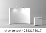 Trade exhibition stand display. Pop up display with promotion counter table. Exhibition Expo Pop Up Banner Backdrop Mockup.