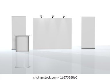 Trade exhibition stand, Exhibition round, 3D rendering visualization of exhibition equipment, Advertising space on a white background, with space for text ads
