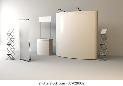 Trade exhibition stand, Exhibition round, 3D rendering visualization of exhibition equipment, Advertising space on a white background, with space for text ads