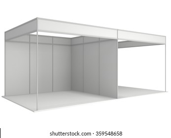 Trade Show Booth White And Blank. Blank Indoor Exhibition With Work Paths. 3d Render Isolated On White Background. High Resolution Template For Your Design.