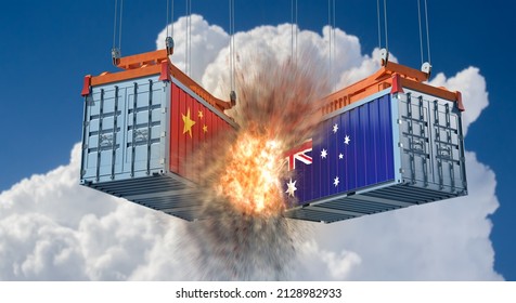 Trade War. Cargo Containers With Australia And China National Flags Colliding. 3D Rendering 